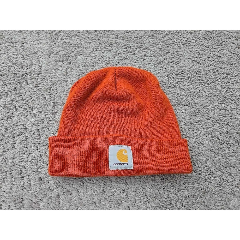 Carhartt‎ Beanie Mens OSFA Orange Logo Ribbed Knit Cuffed